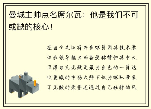 曼城主帅点名席尔瓦：他是我们不可或缺的核心！