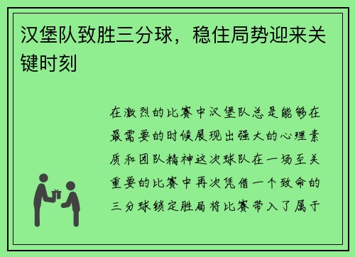 汉堡队致胜三分球，稳住局势迎来关键时刻